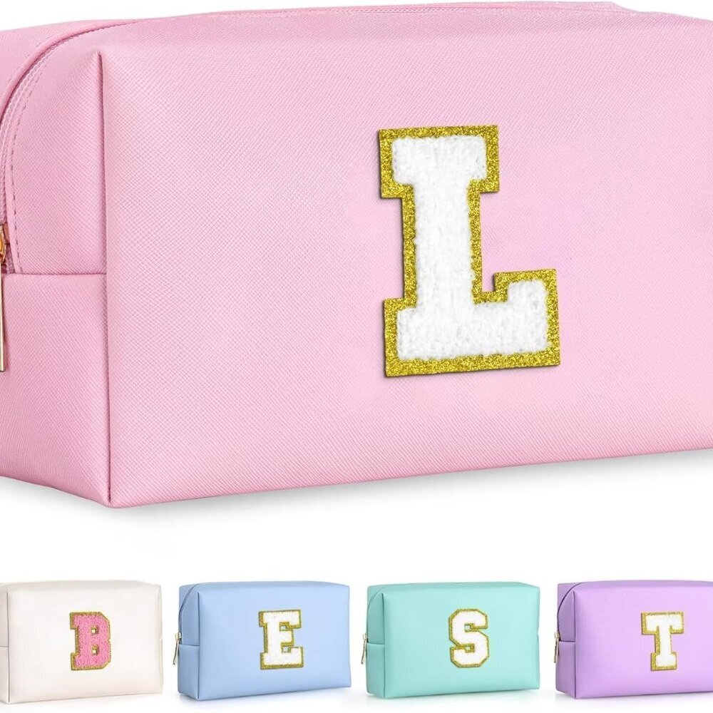 Preppy Pink Glitter Chenille Patch Travel Makeup Bag, 8.3in x 3.5in x 4.9in